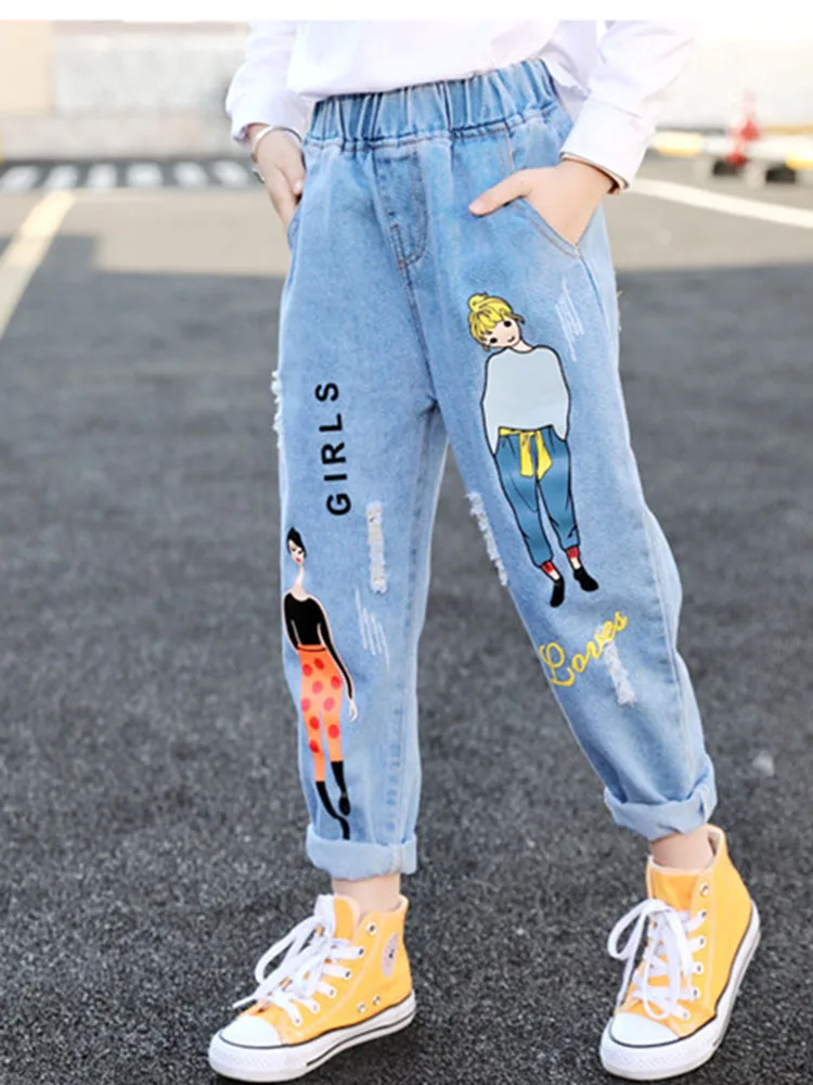 

Fashion Cartoon Jeans for Girls Teenage Children Jeans Elastic Waist Denim Pants Kids Trousers for Girls Kids Clothes 4-13T