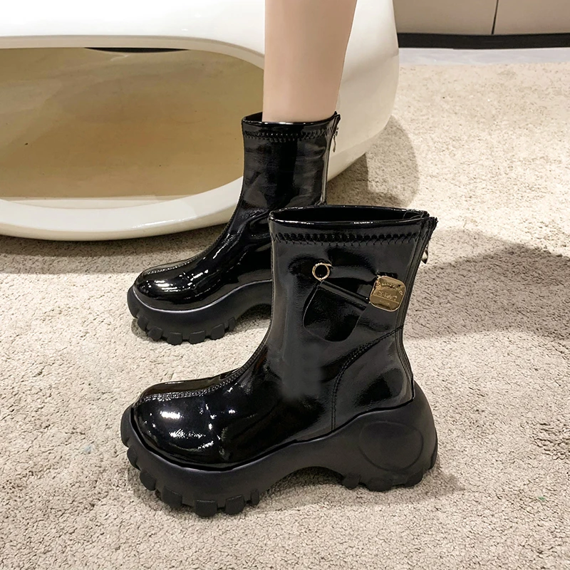 

Ботильоны женские из искусственной кожи на толстой плоской подошве, полусапожки на молнии с круглым носком, Осень-зима, Размеры 35-40