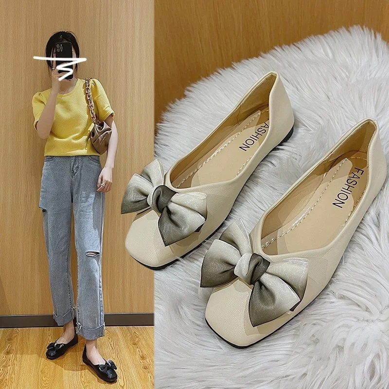 

Shoes Woman Flats Bow-Knot Low Heels Elegant Casual Female Sneakers Modis Square Toe Shallow Mouth Dress Butterfly New Summer Co