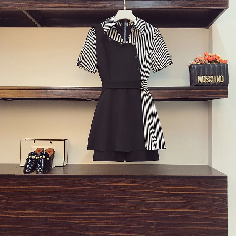 

2022 summer Women two piece set Casual Polyester with belt tops + short stripe print Female Office Suit Set Short Sleeve Sets