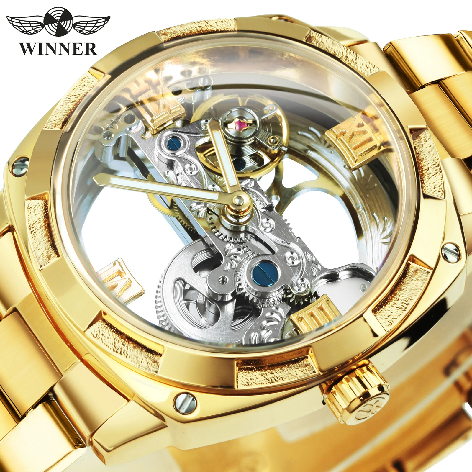 

Часы наручные WINNER Мужские механические, прозрачные автоматические брендовые люксовые с золотистым мостом и стальным ремешком