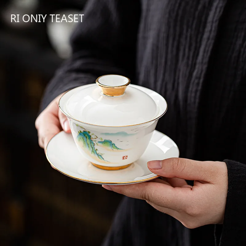 

150 мл китайская керамическая чайная чашка ручной работы Gaiwan ручная роспись цветы белый фарфор чайная чаша для путешествий чайный набор аксессуары