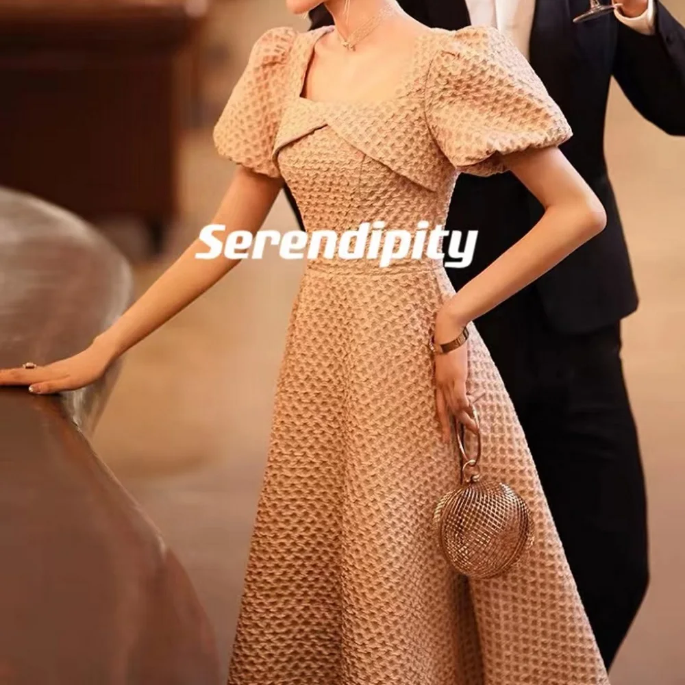 

Serendipity Ball-Gown Square CollarRuffleTea-Length Satin Covered Button Cap StrapsShortSleeves Elegant Party Dresses for Women