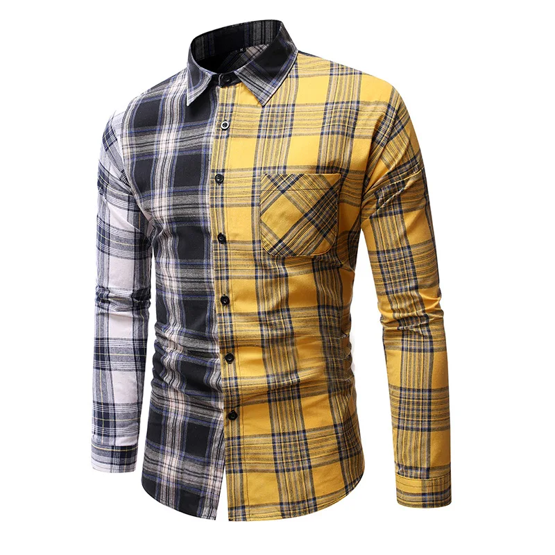 

LUCLESAM Men's Plaid Contrast Color Lapel Shirts Single Breasted Shirt Long Sleeve Spring New Fashion Casual Loose Shirt for Men