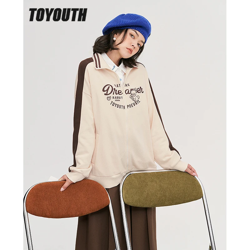 Toyouth Women Coat 2022 Autumn Long Sleeve Polo Neck Loose Jacket Rabbit Letter Print Apricot Panel Casual Outwear Tops