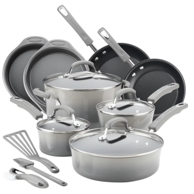 

15-Piece Hard Enamel Aluminum Nonstick Cookware Set, Gray