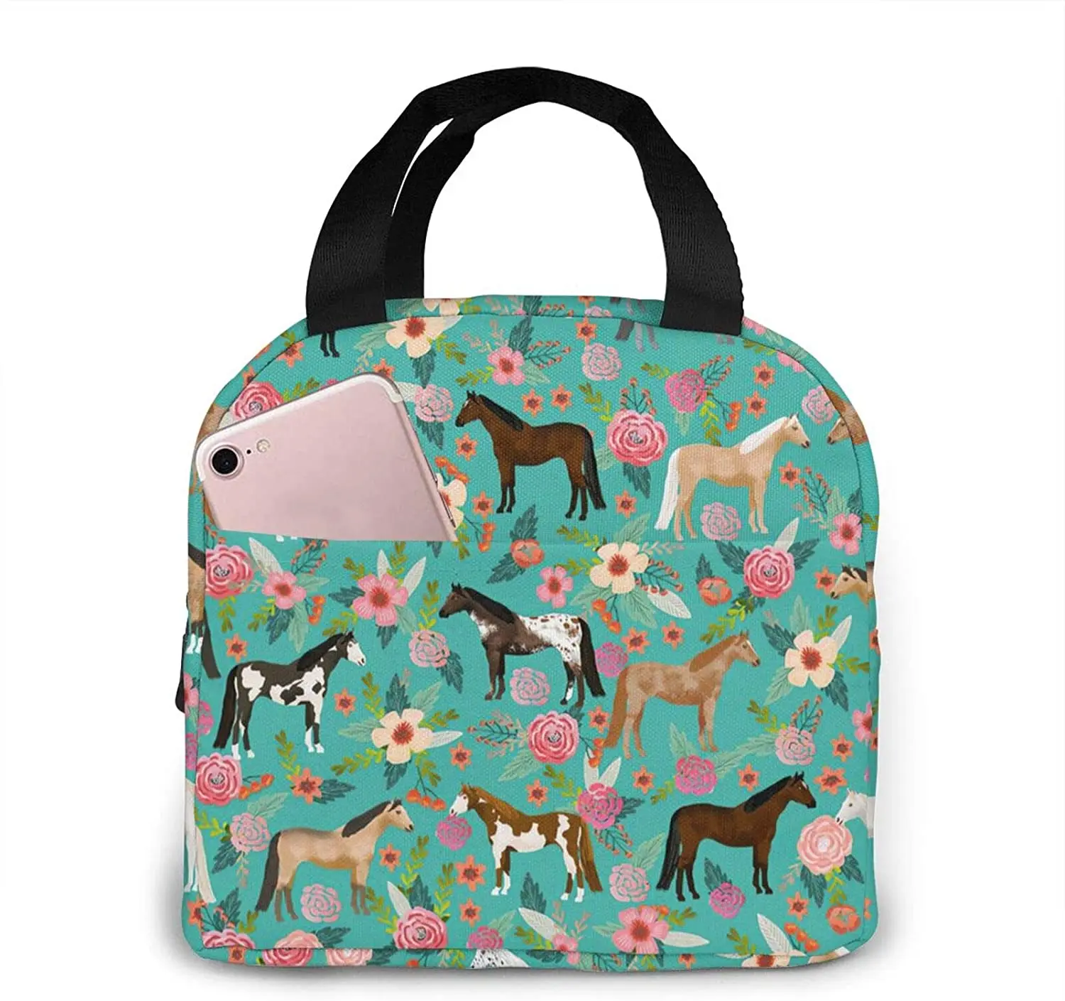 Horses And Flowers Lunch Bag Insulated Water-Resistant Tote Bag Reusable Lunch Box For Picnic Travel