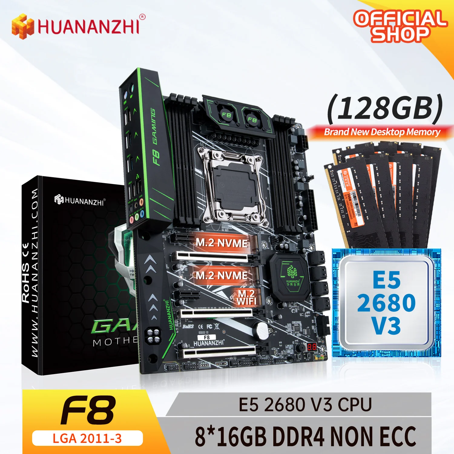 

HUANANZHI X99 F8 LGA 2011-3 XEON X99 Motherboard with Intel E5 2680 v3 with 8*16G DDR4 NON-ECC memory combo kit set NVME SATA