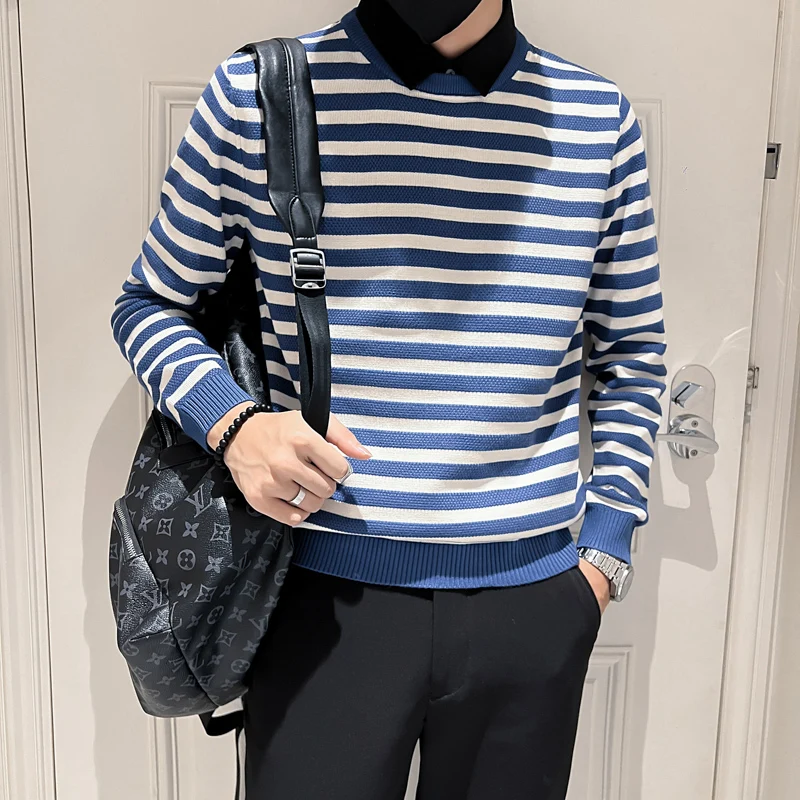 Shirt Collar Fake Two Sweaters/ Brand Clothing New Men's Autumn Winter Stripes Slim Fit Casual Korean Fashion Knitting Pullover