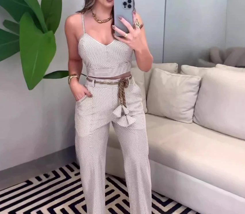 Женский Новый Повседневный Модный укороченный топ из двух частей брюки на