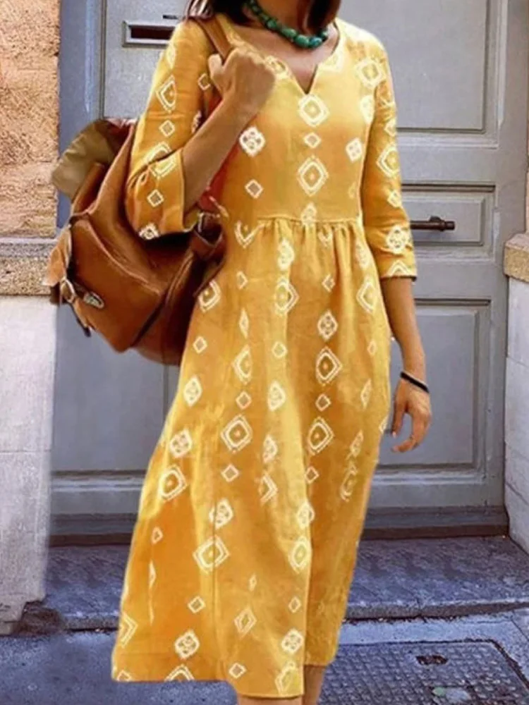

Women Geometric Printed 3/4 Sleeve Office Dress New Casual V-Neck Harajuku Party Dress Summer Female Elegant Pleated Midi Dress