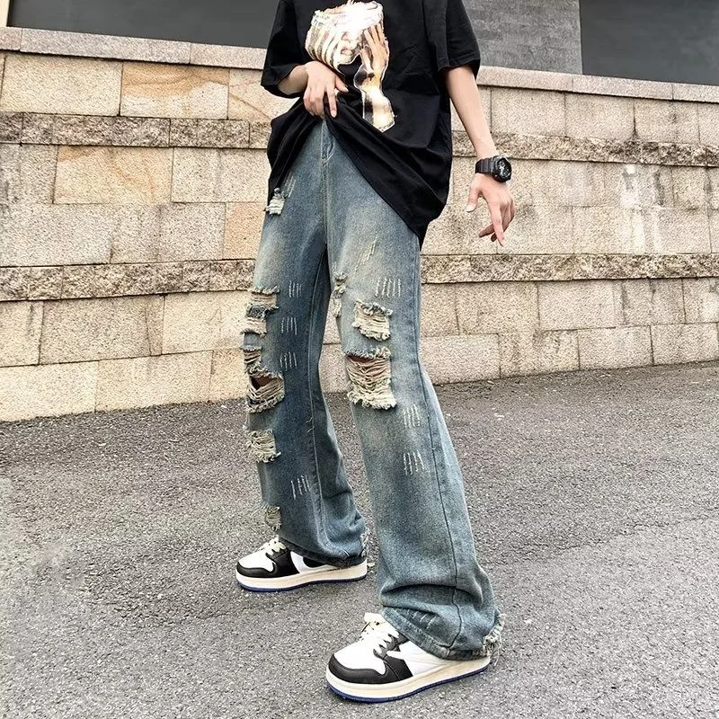 Summer Blue Ripped Jeans Men's Fashion Casual Baggy Straight Jeans Men Streetwear Hip Hop Loose Hole Denim Pants Mens Trousers