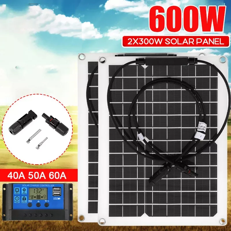

NEW 600W 300W Solar Panel 18V Sun Power Solar Cells Bank With Connector Cover Solar Controller IP65 for Phone Car RV Boat Charge