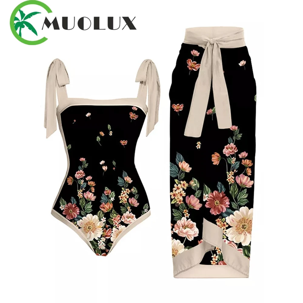 Купи MUOLUX 2023 Vintage Swimsuit One-Piece Floral Print Swim Skirt Women Cover Up Swimwear Summer Beachwear Brazilian Swimming Suit за 881 рублей в магазине AliExpress