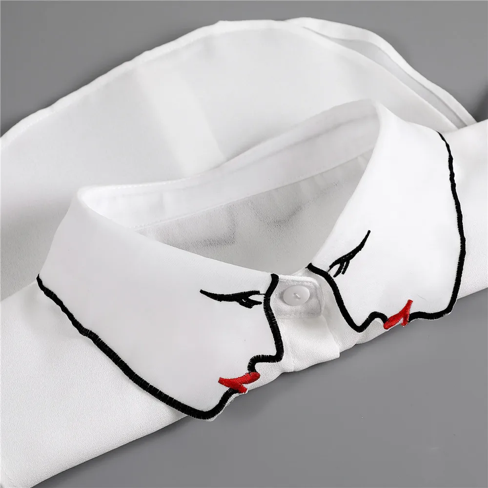White False Collar Women Face Embroidery Chiffon Thin Faux Col Half Shirt Blouse Fake Collars Sweater Shirt Detachable Collars