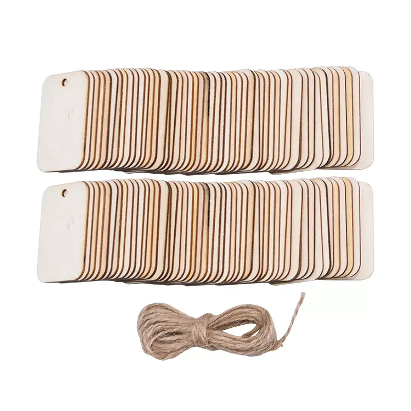 

Unfinished Nature Wood Slice Gift Tags Blank Rectangle Wooden Hanging Label With Hemp Ropes for Wedding Party DIY Decor