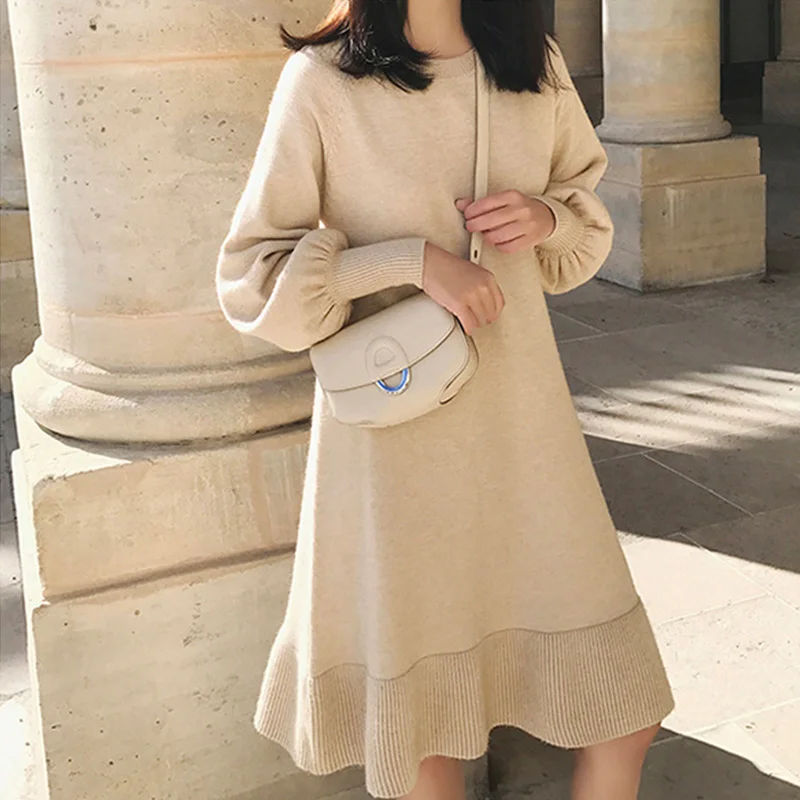 

Повседневное женское платье с высокой талией, вязаное мягкое платье с пышными рукавами, женская одежда, базовое однотонное мини-платье, осе...