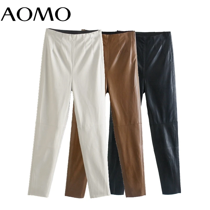 

AOMO Women Black Skinny PU Leather Pants Stretch Zipper Female Autumn Winter Pencil Pants Trousers JE228A