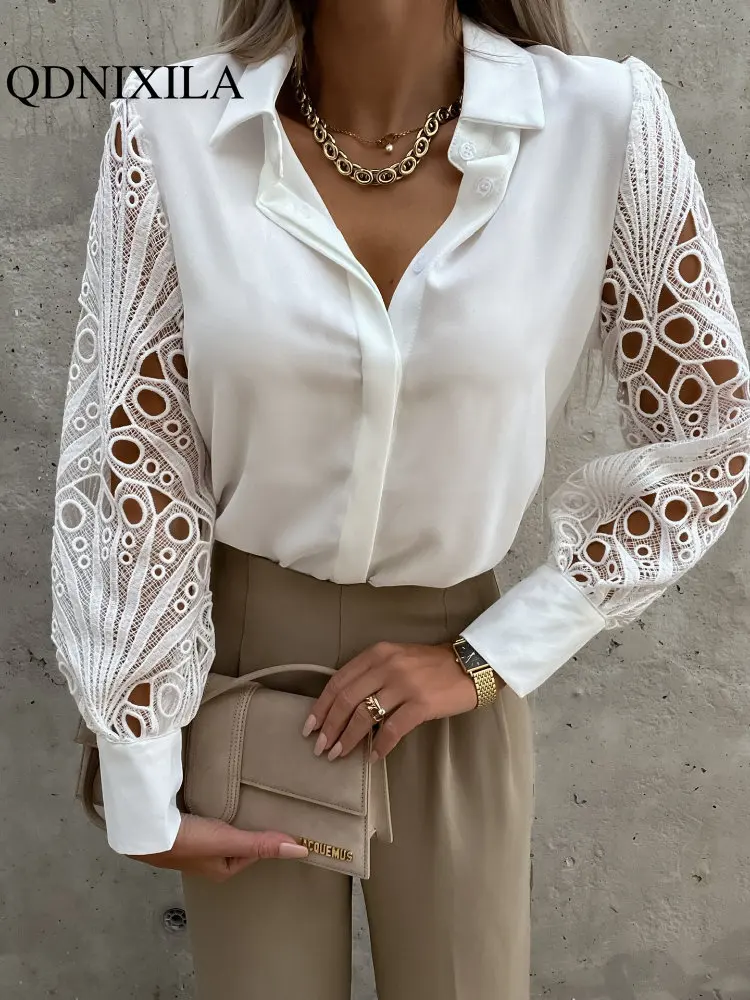 

Women's Shirt Spring Summer 2023 New In Solid Lace Spliced Fashion Fine Elegant Blouses for Women Solid Loose Female Clothing