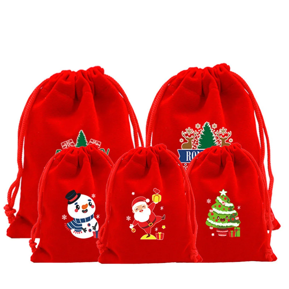 

Christmas Drawstring Gift Bag Red Velvet Pouch Cartoon Snowman Candy Bag Peace Fruit Bag Favor Boutique Jewelry Packaging Bags