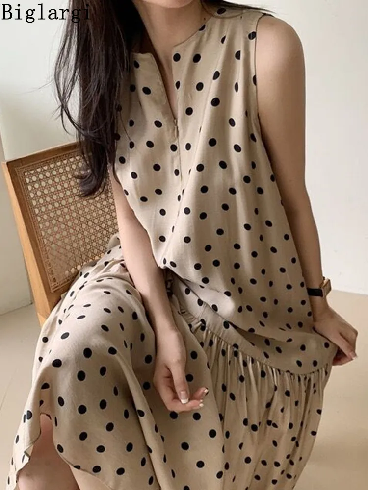 

Женское длинное хлопковое платье в горошек, элегантное винтажное платье оверсайз без рукавов в Корейском стиле, лето 2022