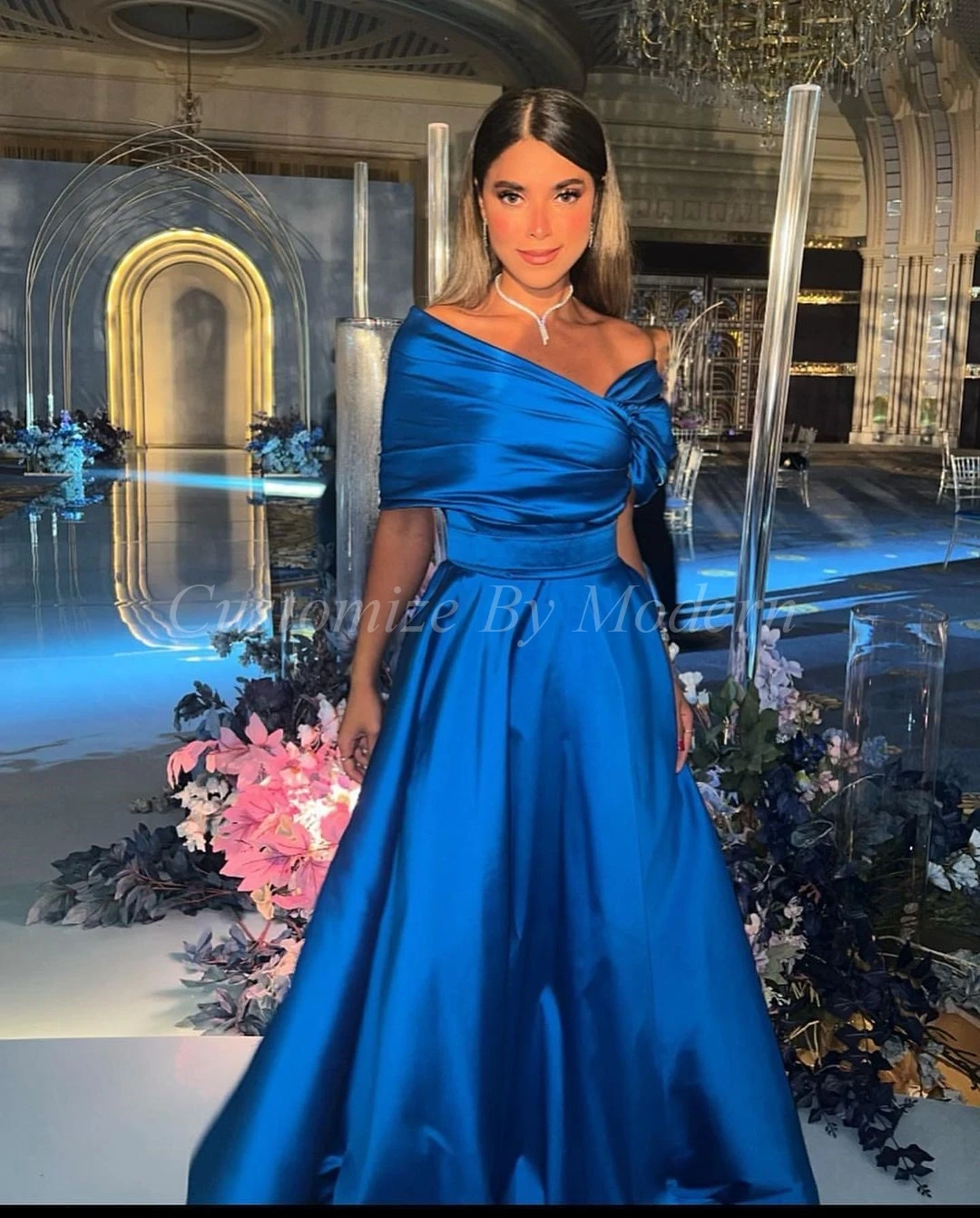 

Royal Blue Long Prom Dresses A-line Off The Shoulder Floor Length Saudi Arabia Women Evening Party Dress