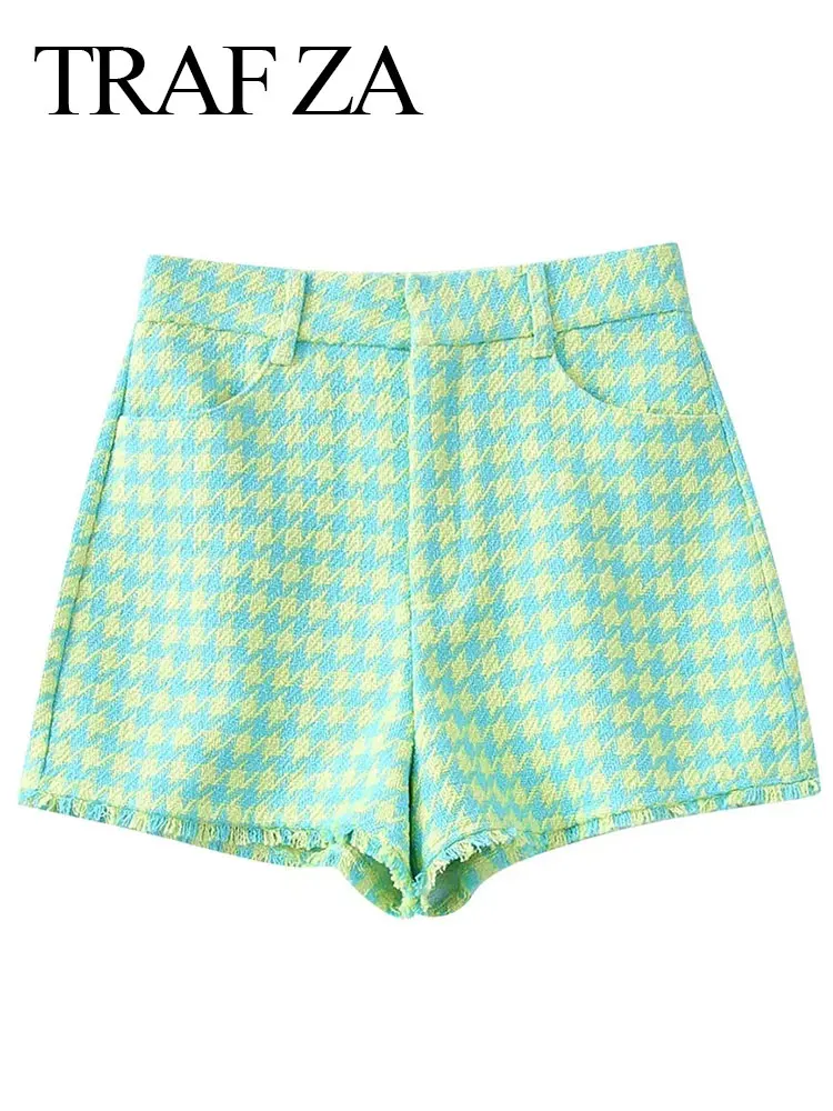

TRAF ZA Comfortable Casual Daily Versatile Straight Women Shorts Youth Light Green Plaid Printed Raw Edge Fashion Lady Shorts