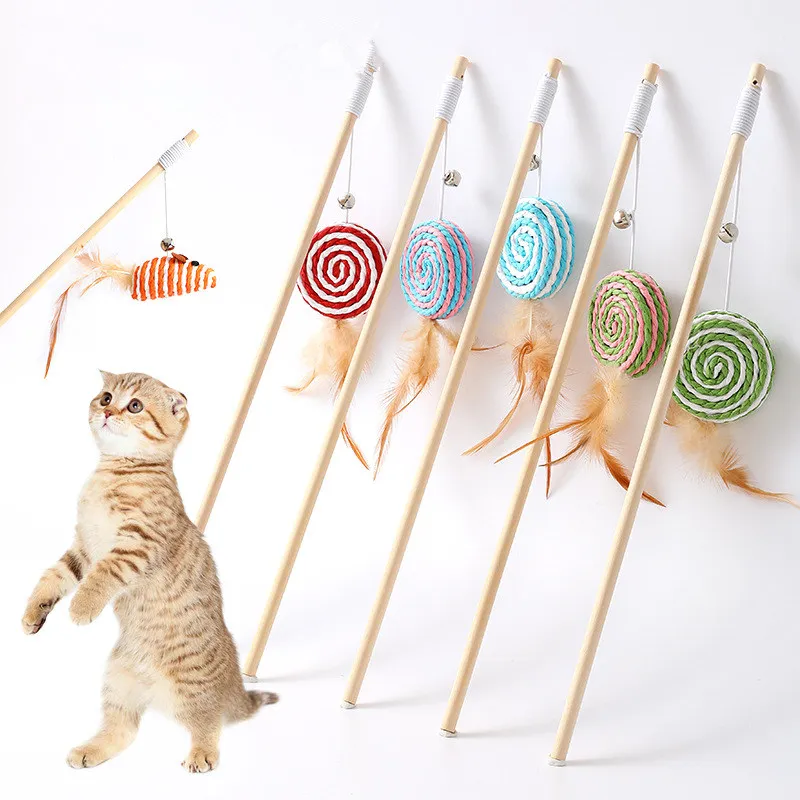

Cat Toy Feather Toys for Cats Playing Wood Handle Cat Toy with Bell Tease Solid Stick Interactive Cats Toys Mouse Pet Products