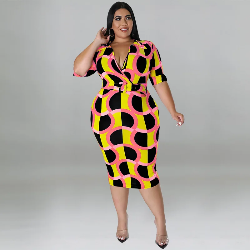 Plus Size Women's Chubby Dress Elegant Party Dress for Women Office Lady V-Neck Knee-length Slim Fit Blet Party Dresses Printing
