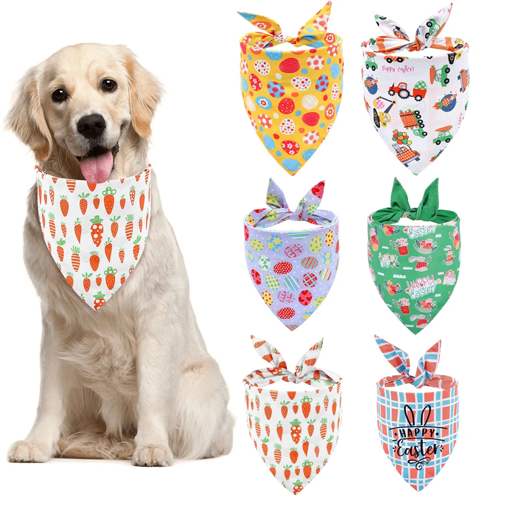 

Easter Dog Bandana Reversible Puppy Bandana Rabbit Carrot Easter Eggs Print Triangle Bibs Pet Scarf for Small Medium Large Dog