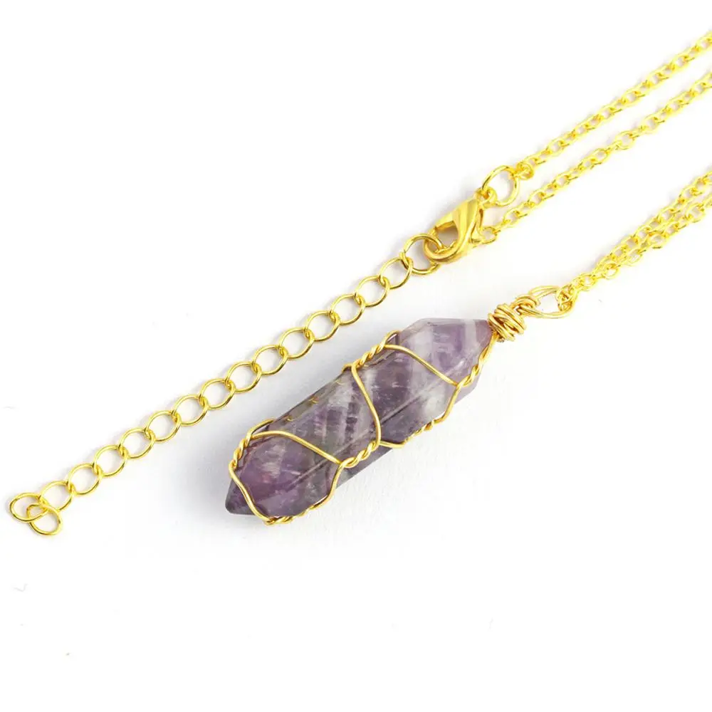 Natural Stone Hexagonal Pillar Winding Pendant Necklace Energy Colorful Crystal Charm Chain Jewelry for Women |