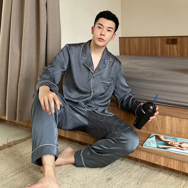 

Fashion Satin ice silk lovers pajamas sets men sleepwear long sleeve quality exquisite black male sexy couple underwear 99185