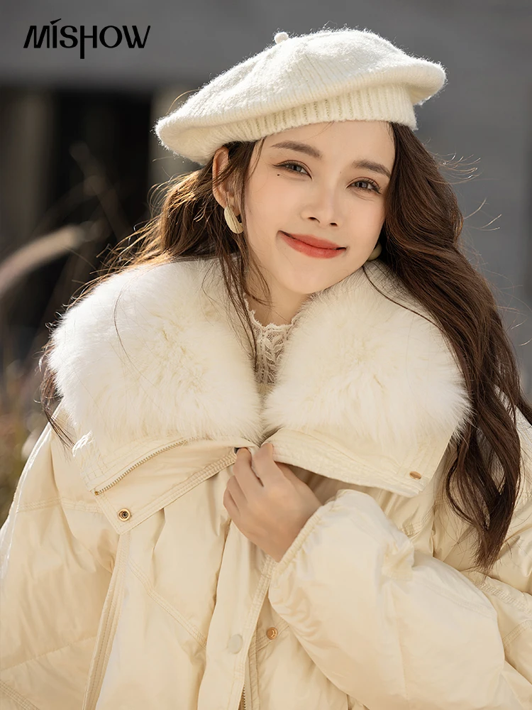 MISHOW Women Jacket Fox Fur Collar 90 White Duck Down Coats 2022 Winter Thicken Warm Parkas Loose Zipper Outerwear MXB49Y0172