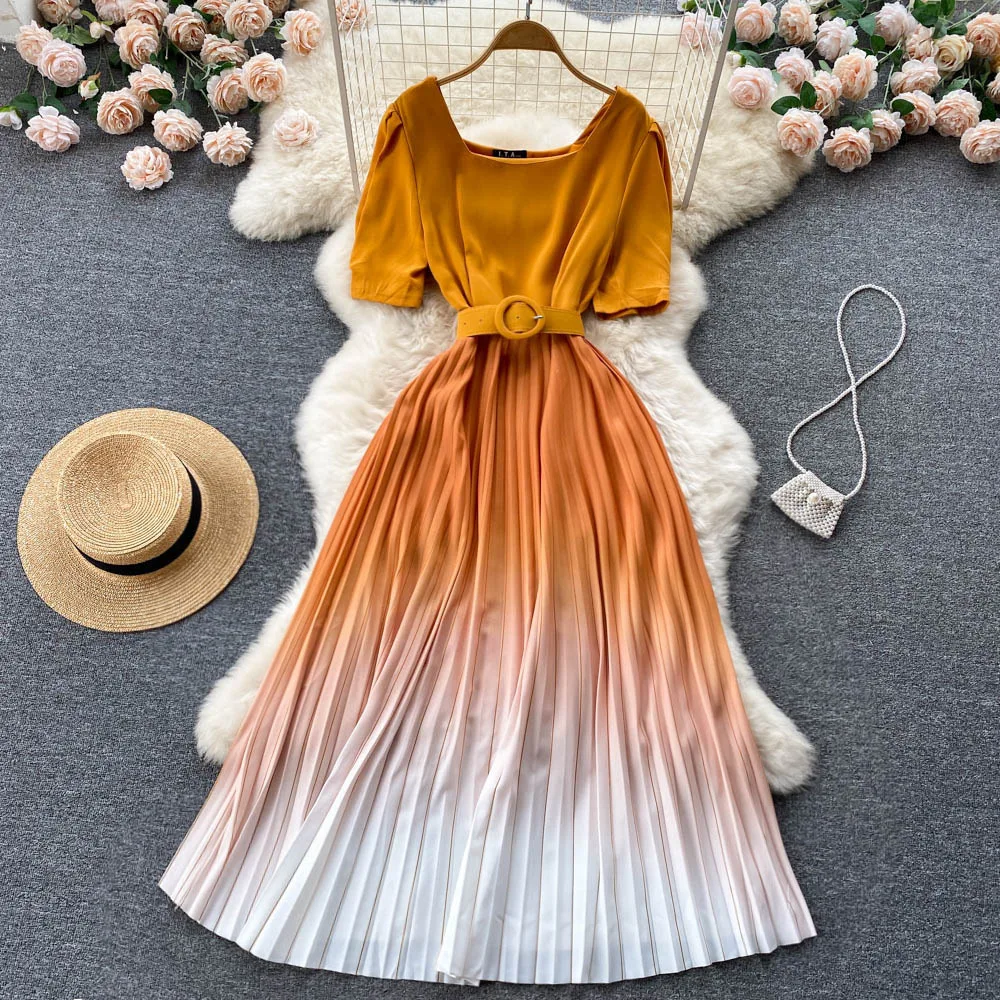 

Gradient pleated dress female summer new high waist slim goddess Fan Joker fashion A-word dress