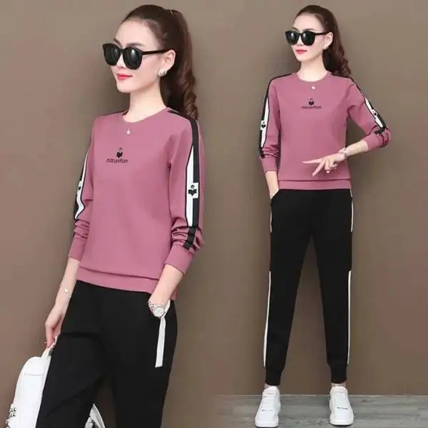 

2022 Spring Korean Version Sports and Leisure Suits Women's Fashion Round Neck Fitness Style Long-sleeved Trousers Two-piece Set