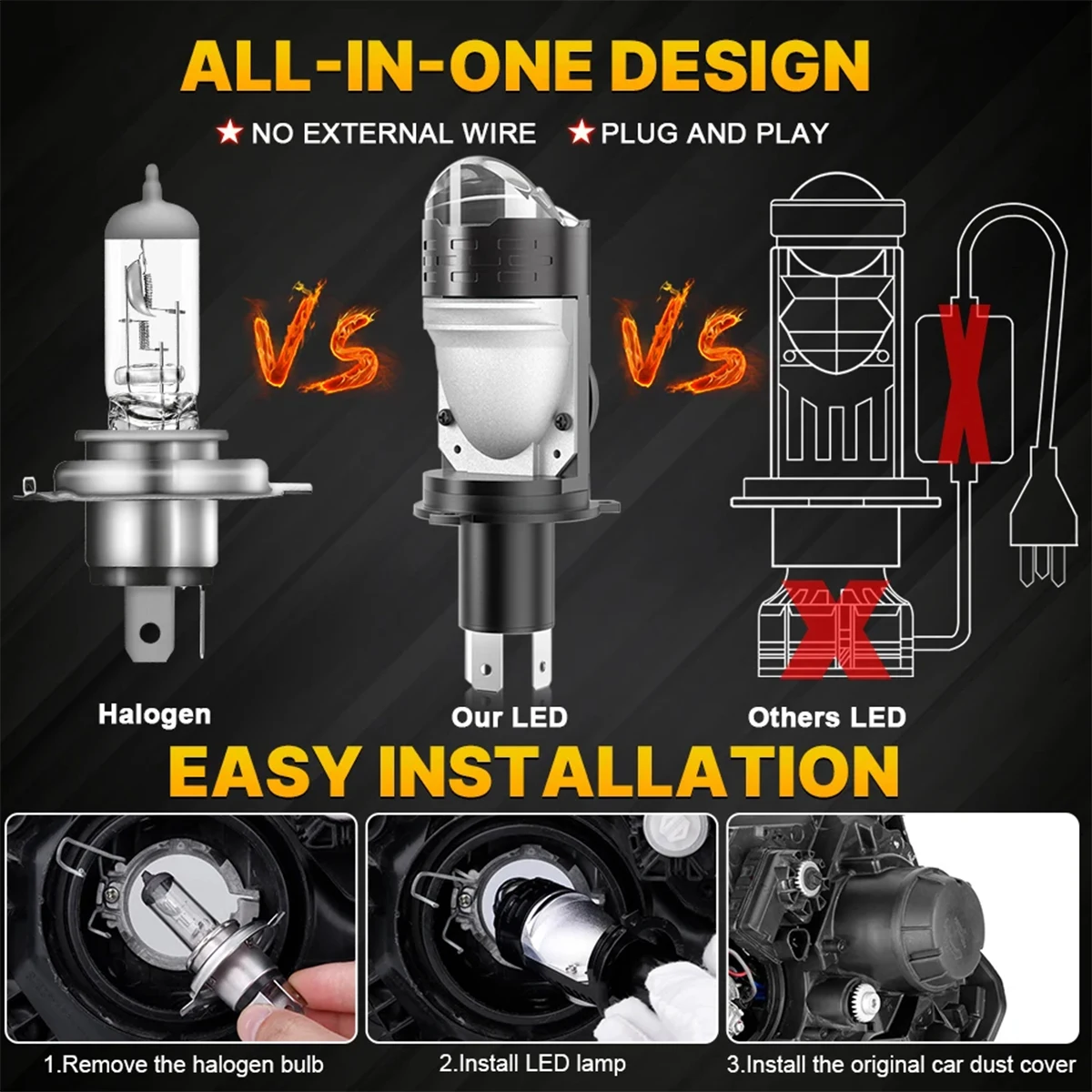 Фото PAMPSEE Проектор H4 Линза Светодиодные автомобильные фары Лампы HB2 60000LM 200W CANBUS Turbo Авто Лампа H4 Высокая и низкая лампа противотуманных фар 12V 24V №4
