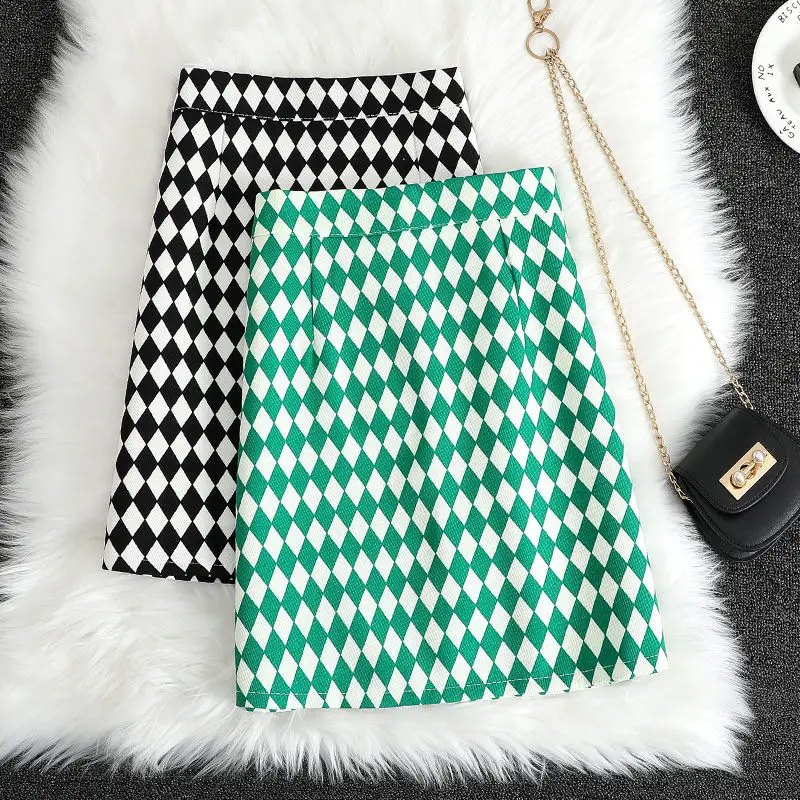 

Rhombus Skirt Plaid Women's High Waist A-Line Short Package Hips Spring Autumn Winter 2022 New All-Match Fashion Slim Jupe H347