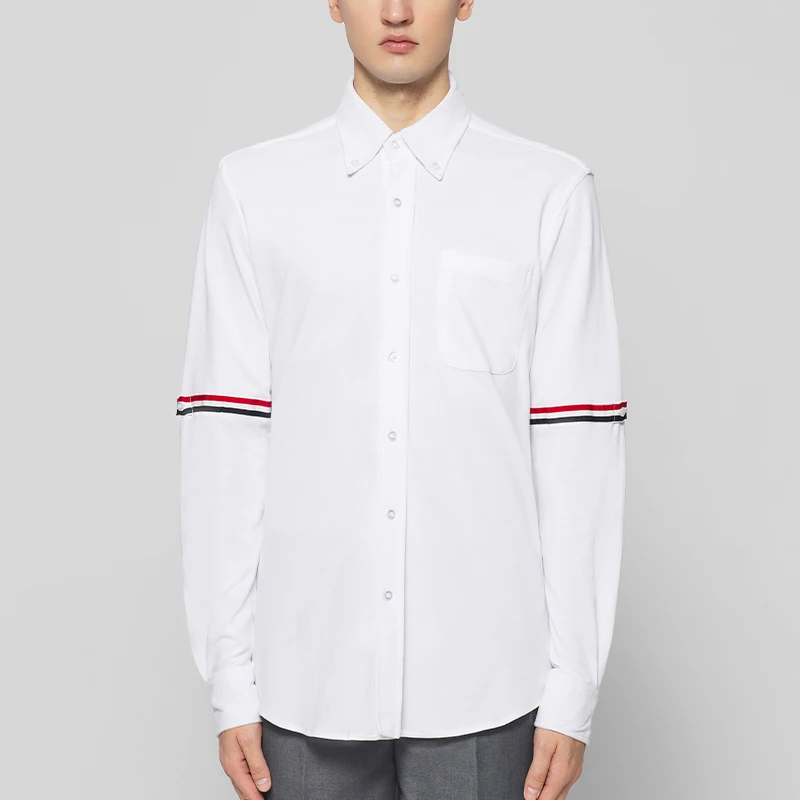 TB THOM Men's Shirt Clothing Fashion Brand Striped Armband Slim Casual Men's Clothing Cotton PIQUE Long Sleeve Women's Shirts