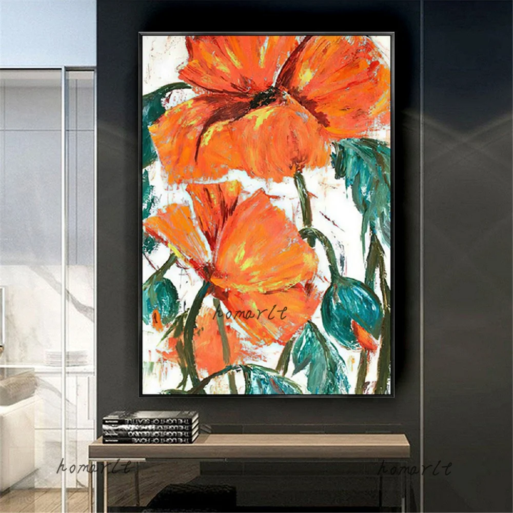 

100% Hand Painted Oil Painting On Canvas Indoor Decor Art Picture Beautiful Red Flowers Wall Art Pictures For Living Room Decor