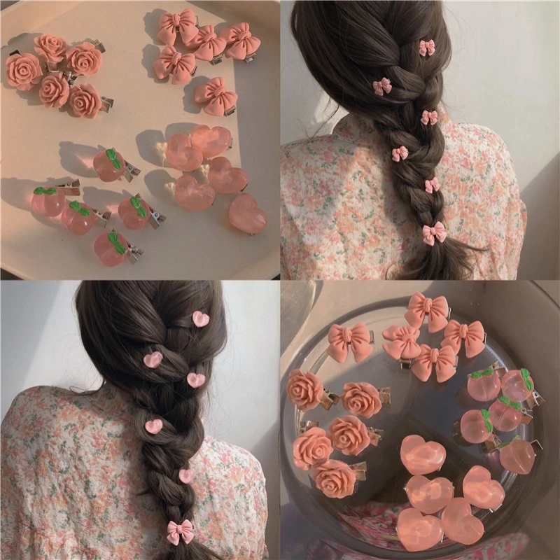

5PCS/Lot Pink Soft Girl Cute Peach Hair Clips Hairpin Women Sweet Camellia Side Clip Bow Headdress Hair Accessories for Kids