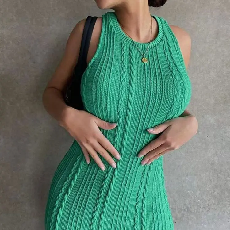 

2023 Knitted Sleeveless Maxi Sweater Dress Green Elegant O Neck Y2K Slim Fit Long Vestidos Women Casual Street Clothes