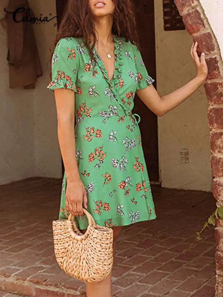 

Celmia Bohemian Warp Dress Women Elegant Bandage Waisted Floral Printing Mini Dress 2022 Summer Holiday Ruffles Short Robe Femme