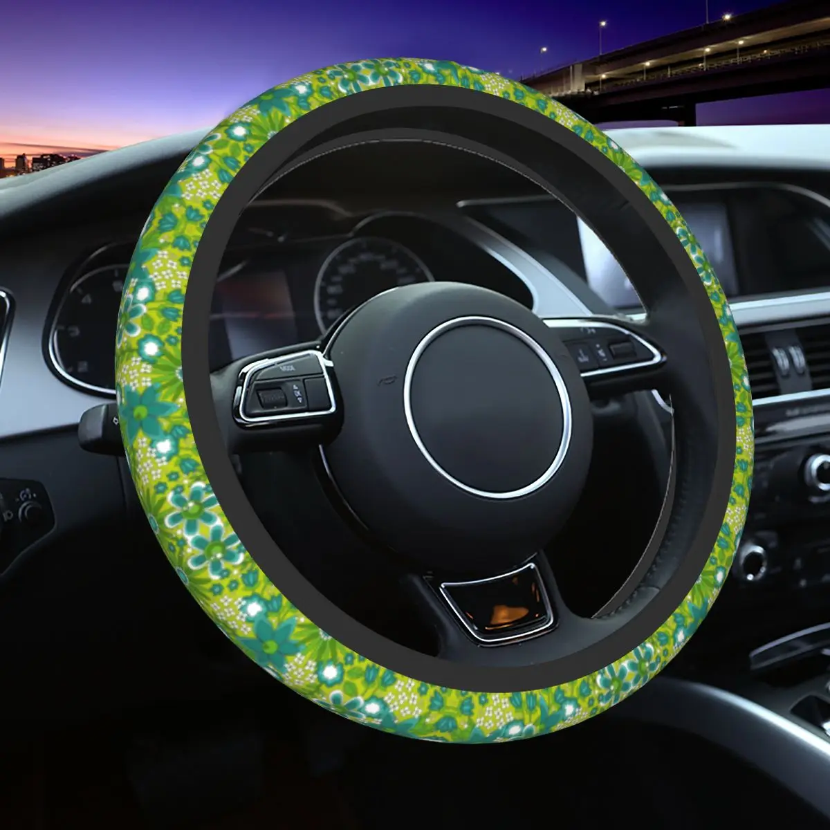 

37-38cm Retro Hippie Peace Flowers Pattern Auto Car Steering Wheel Cover Anti-Slip 15 inch Steering Wheel Protector for Trucks