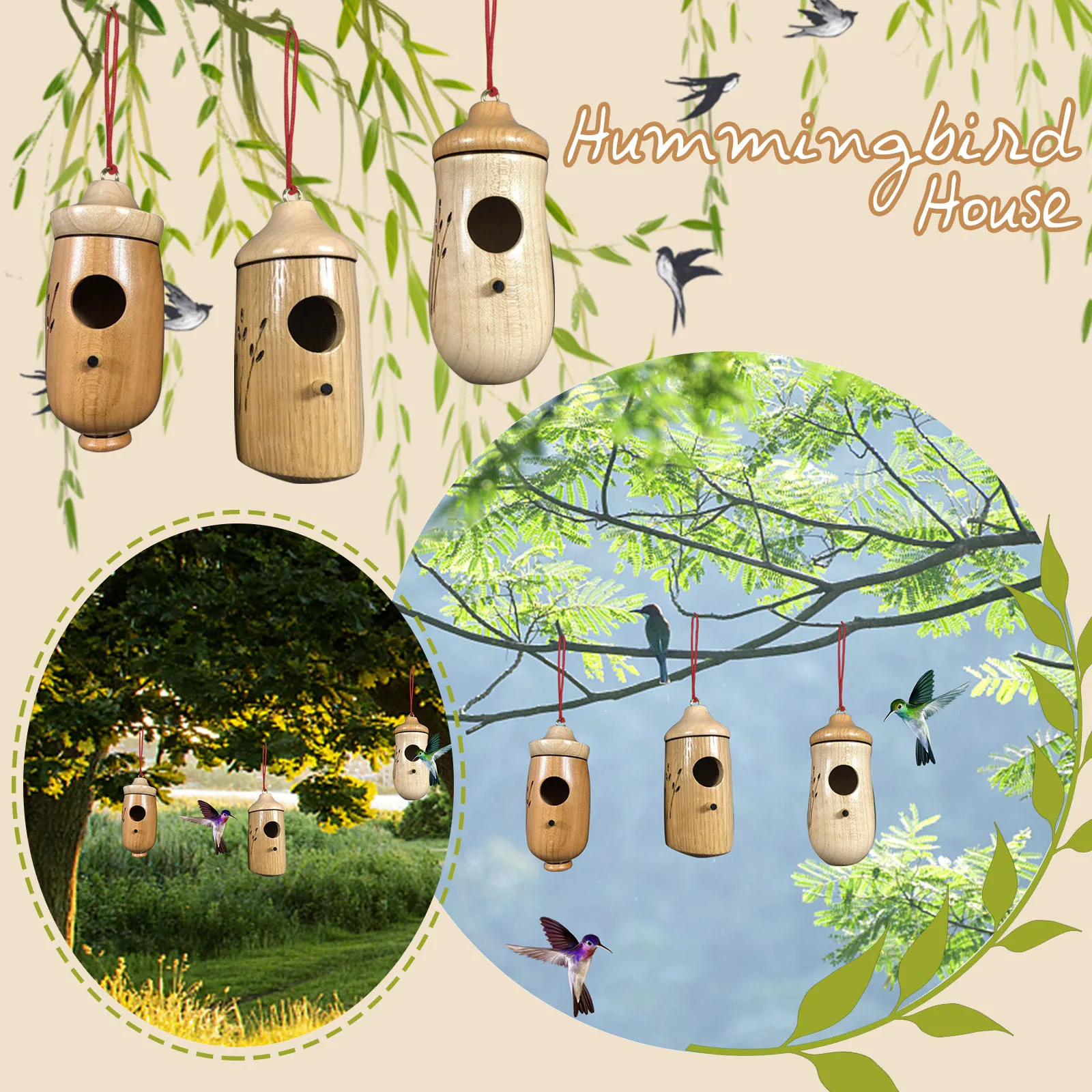 

Feeders for Deck outside Hummingbird House 2022 Wooden Hummingbird House For Outside Hanging Hummingbird Swing Suet Feeder Cage