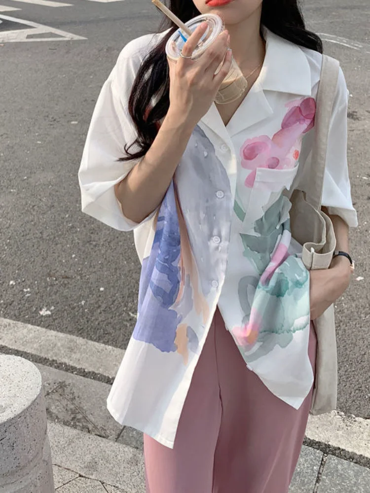 

Hikigawa Floral Print Chic Fashion Blouse Turn Down Collar Short Sleeve Shirt Vintage Tie Dye Casual Tops Blusas Mujer De Moda