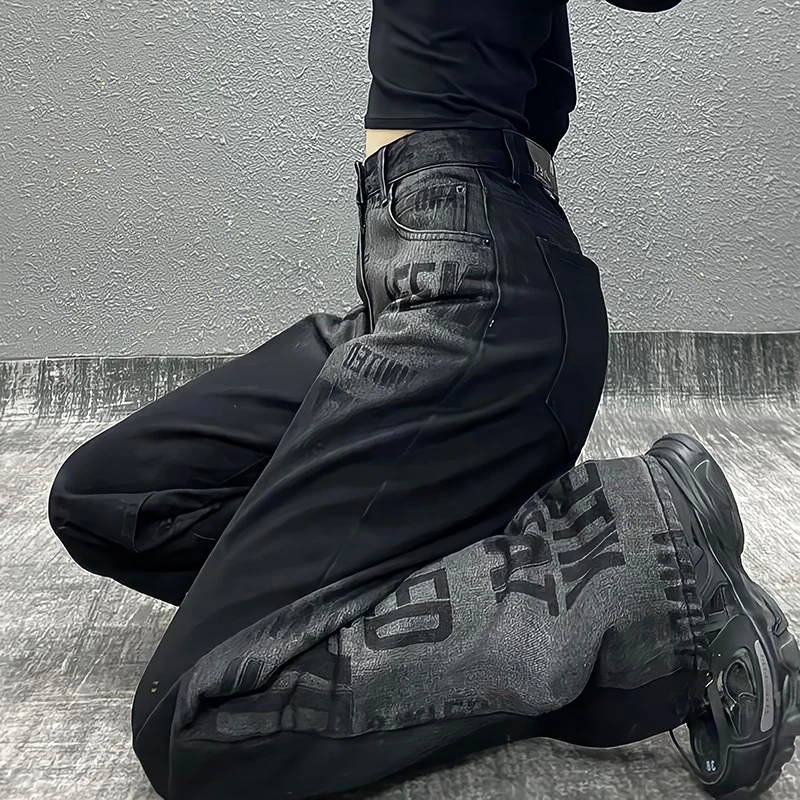 

Джинсы женские черные в готическом стиле, уличная одежда с принтом букв, винтажные брюки из денима с завышенной талией, свободные штаны в ст...