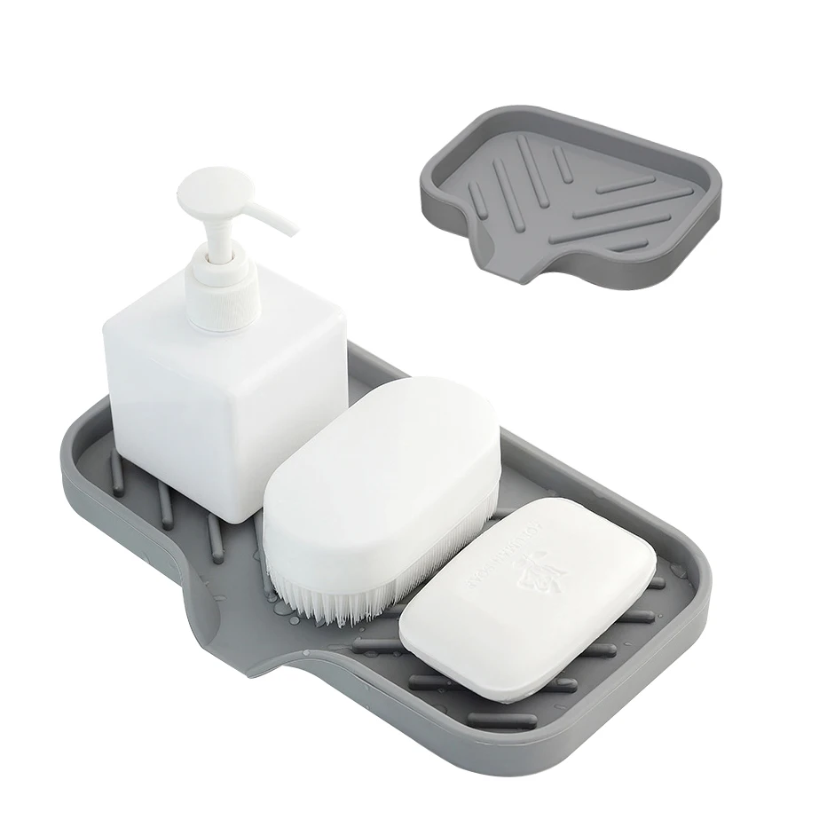 

Silicone Kitchen Sink Tray Soap Dish Holder with Built-in Drain Lip Countertop Sink Scrubber Brush Sponge Bottles Organzer Drain