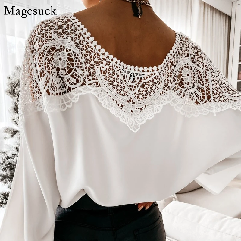 

Embroidery Floral Lace White Blouse Women 2022 O-Neck Long Sleeve Women's Shirt Casual Hollow Out Sexy Ladies Tops Blusas 12459