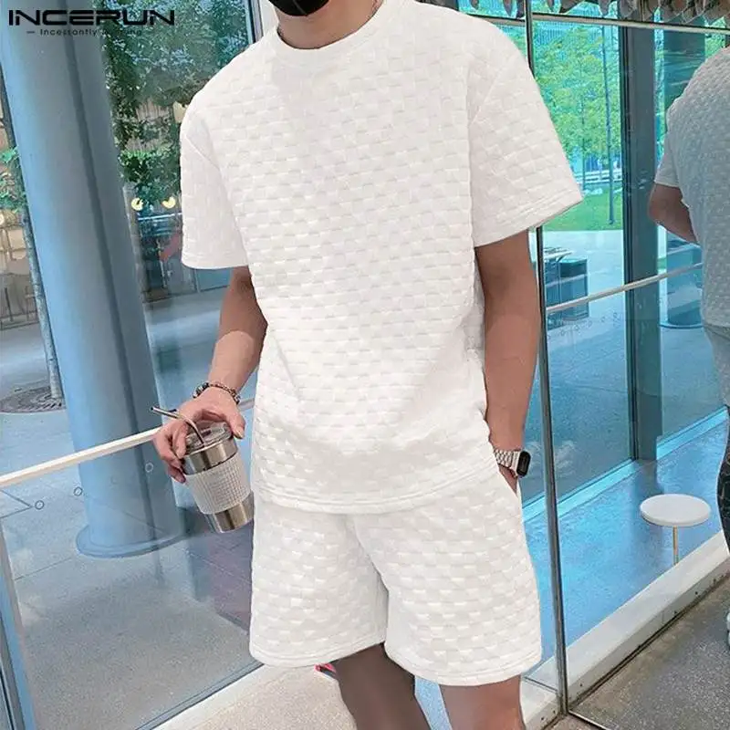

INCERUN 2023 Korean Style Handsome Men's Sets Short Sleeve T-shirts Shorts Streetwear All-match Male Check Two Piece Sets S-5XL