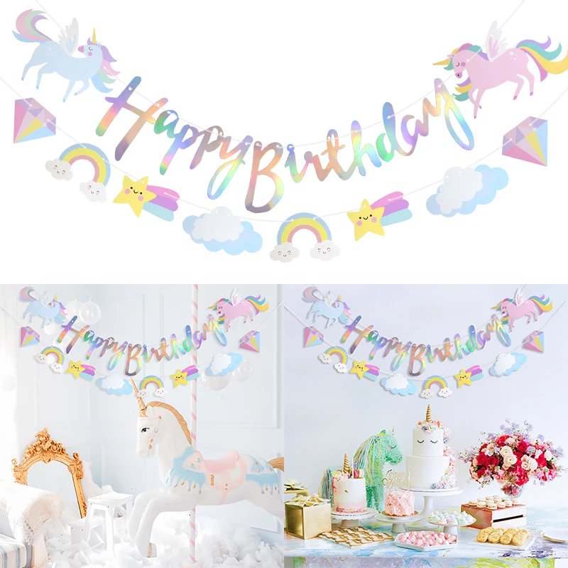 

1set Unicorn Theme Pull Flag Cartoon Animal Letter Clouds Rainbow Pattern Banner Kids Boys Girls Happy Birthday Party Decoration